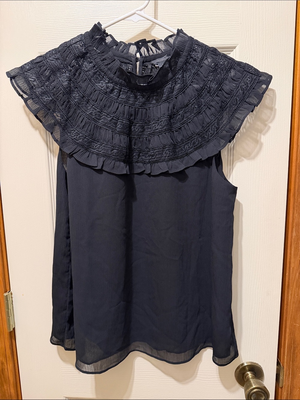 Ann Taylor Sleeveless Ruffled Yoke Blouse - Black Size L